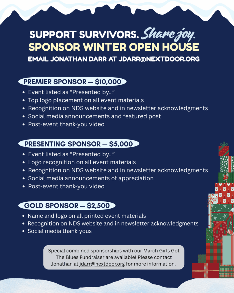 Sponsorship donation opportunity for domestic violence survivors. Details of package options.